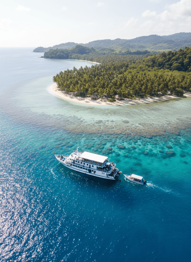 Aerial view of a tropical dive destination with turquoise water, a liveaboard dive boat, palm-lined coast, bright sunny day, travel photography