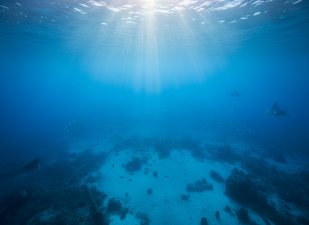 Sunlight streaming through deep blue ocean water
