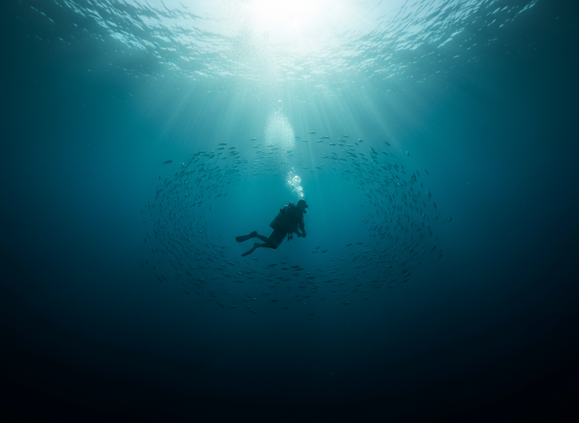 Scuba diver silhouetted against sunlit deep blue water