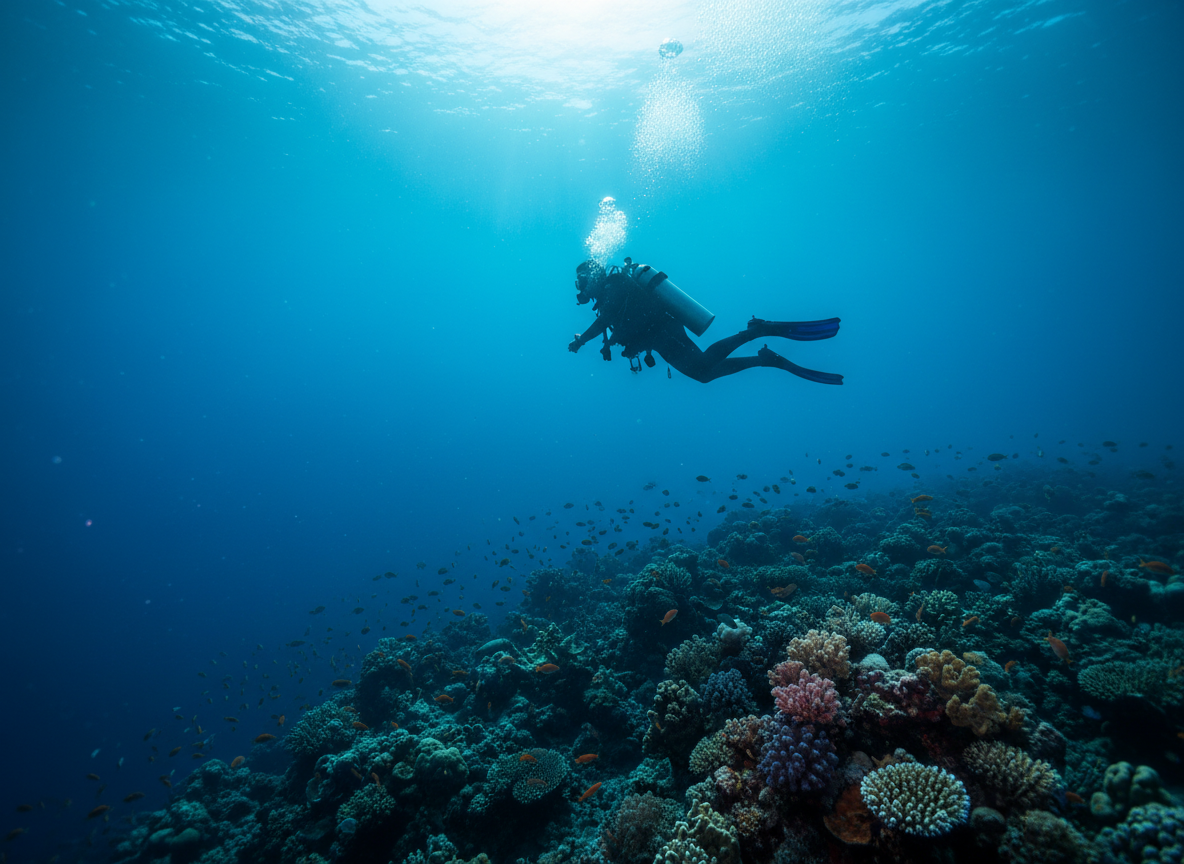 Scuba diver descending through deep blue water