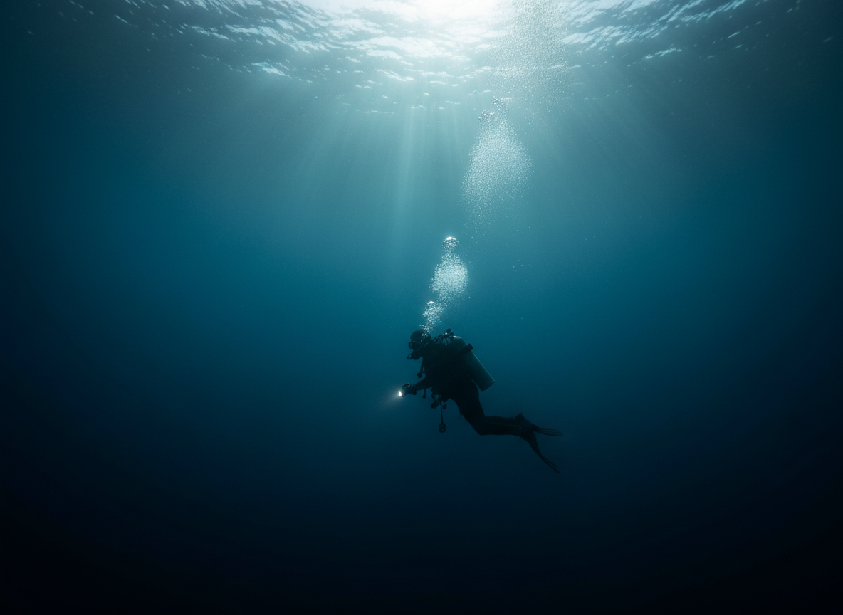 Dramatic dark underwater photograph of a single scuba diver silhouetted against deep blue-navy water, shafts of light filtering down from the surface above