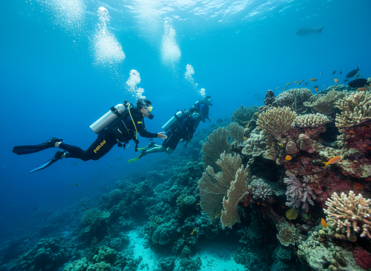 A PADI Divemaster leading a group of scuba divers along a coral reef