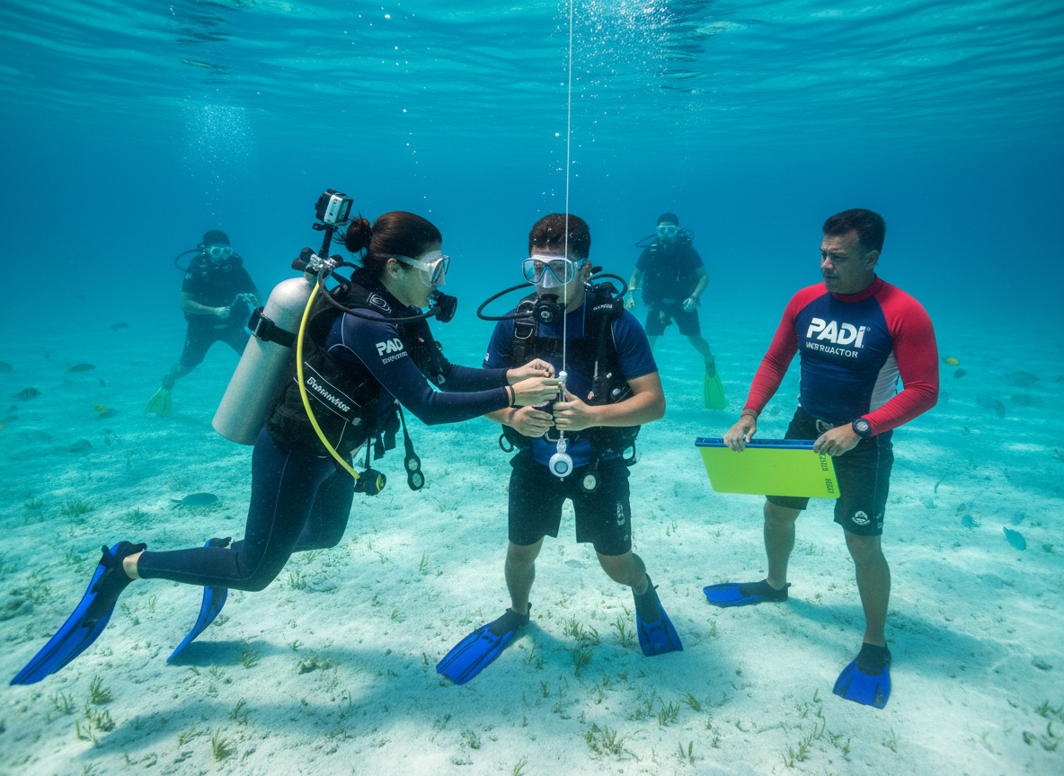A PADI Divemaster assisting an instructor with student divers underwater